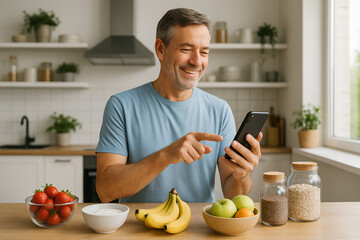 Happy man uses phone app planning healthy meal fruit banana strawberry apple kitchen