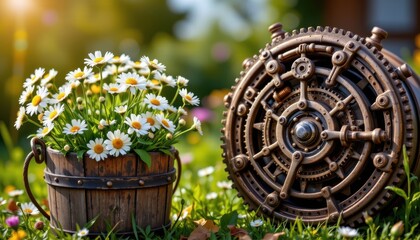 imagine a mesmerizing scene where rustic springtime charm meets the intricate world of steampunk in a harmonious blend of nature and machinery, in the foreground
