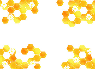 水彩風　ハニカム模様と白い花のイラスト