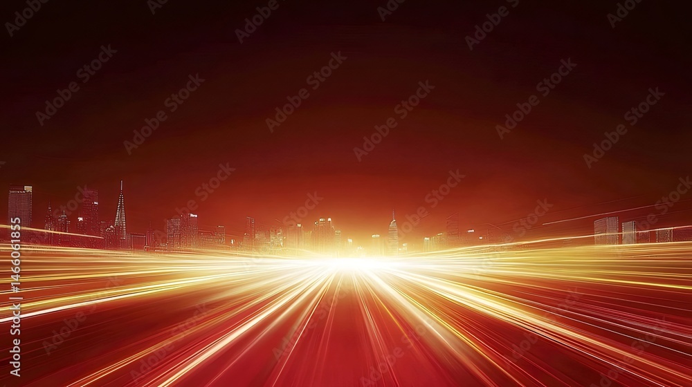 Poster 赤い抽象的な光の道が街のスカイラインを夜に導くぼかしモーション効果高速道路の交通と速度の表現