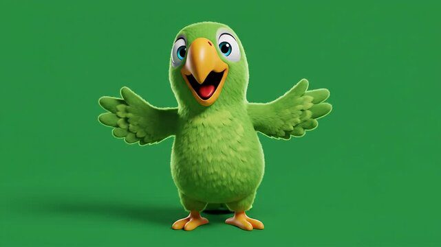 Cartoon parrot illustration featuring green plumage a yellow beak and feet and a cheerful facial expression against a green background