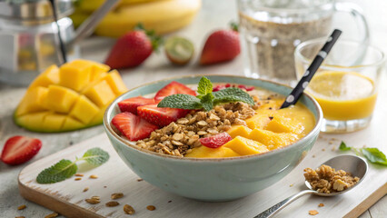 Healthy Fruit Smoothie Bowl with Banana, Mango, and Nut Toppings