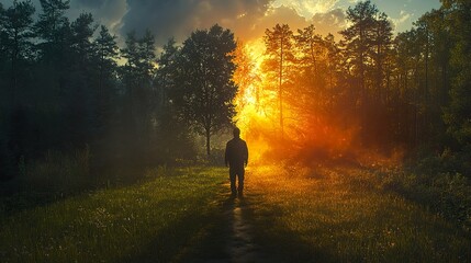 Fototapeta premium man walking in the forest