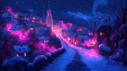 Enchanted winter village night scene shimmering with pink lumine