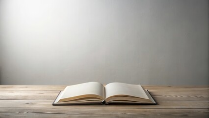 Open book on wooden surface against a neutral backdrop, ready for your text or message.