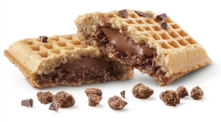 Chocolate waffle sandwich with a rich chocolate filling, topped with chocolate chips Crispy waffle halves, perfect for a sweet treat