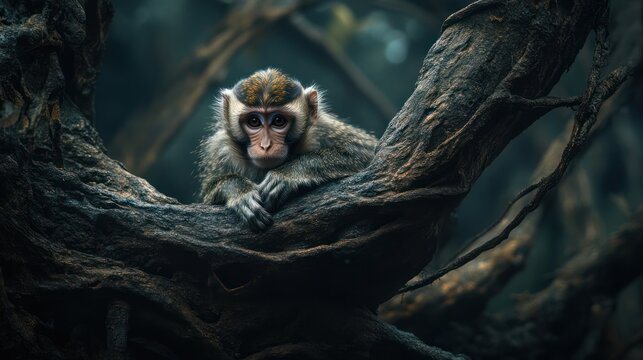 Small monkey, pensive gaze, nestled in gnarled branches.  Dark, moody forest backdrop