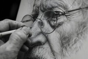  Hand Drawing Detailed Facial Features of an Elderly Man with Glasses and Textured Beard in Black and White