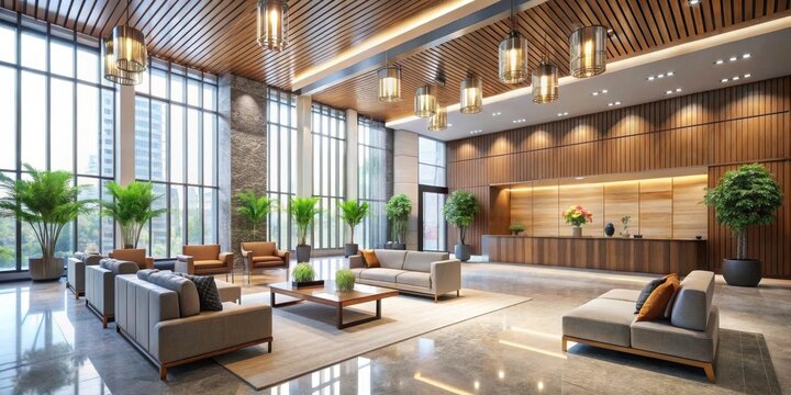 Modern Lobby Design  Spacious Reception Area with Floor-to-Ceiling Windows, Wooden Accents, and Comfortable Seating