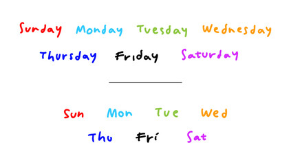 colorful hand written of days of the week