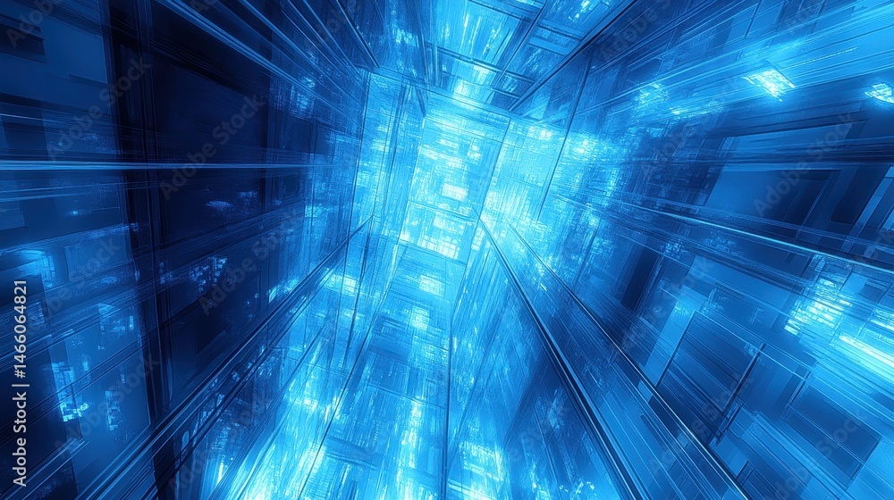 Poster azure data stream flowing through digital network visualizing ar