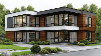 Fototapeta premium Contemporary modern house exterior design with large windows nes