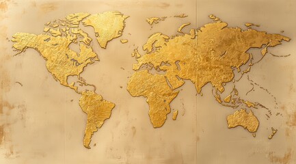 Gold world map on aged paper background  Detailed relief map of continents in gold, embossed on a vintage-style parchment paper