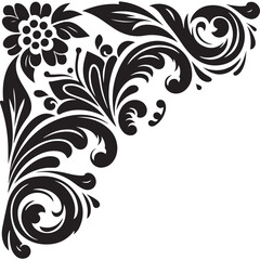 Elegant Black Floral Corner Ornament Vector Design with Vintage Swirl Patterns – Decorative Botanical Frame Element for Invitations, Tattoos, and Graphic Projects.