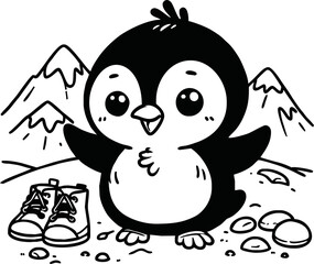 Line art of penguin cartoon vector. penguin coloring book.
