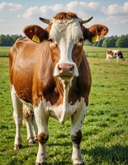 Brown and White Cow in a Lush Green Pasture