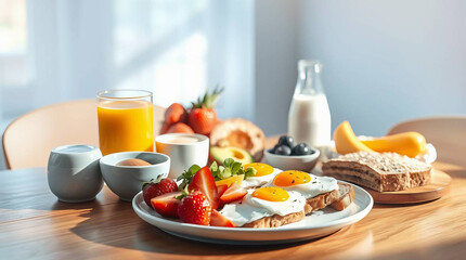 "Healthy Breakfast Spread with Juice, Milk, Scrambled Eggs, and Avocado Toast - 8K High-Resolution"

