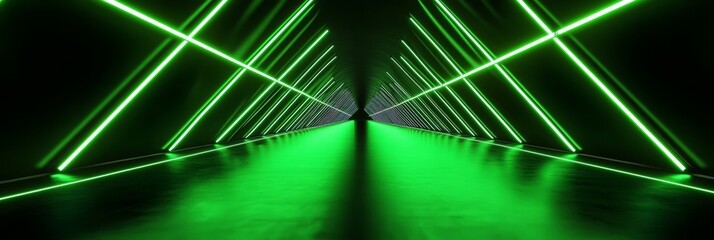 Green Neon Lines Tunnel Perspective - Futuristic, vibrant, green neon lights illuminate a tunnel, symbolizing technology, progress, speed, energy, and the future