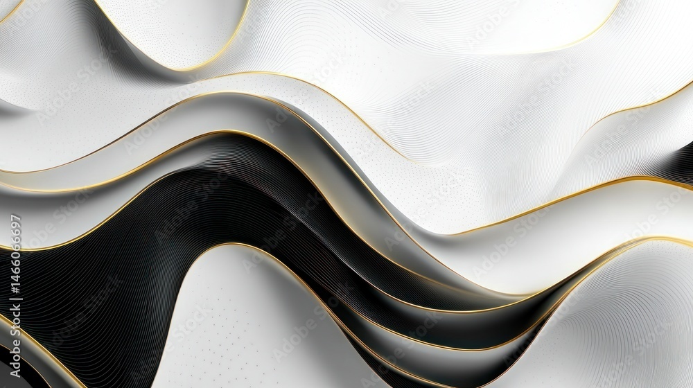 Poster abstract wavy white and black background with golden accents. intricate, flowing lines create a dyna