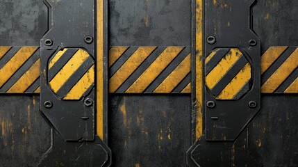 Abstract metal door with yellow stripes, grungy and industrial background texture