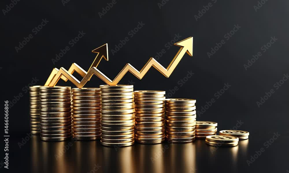 Poster modern stock market background with coins and graph in the style of golden light.