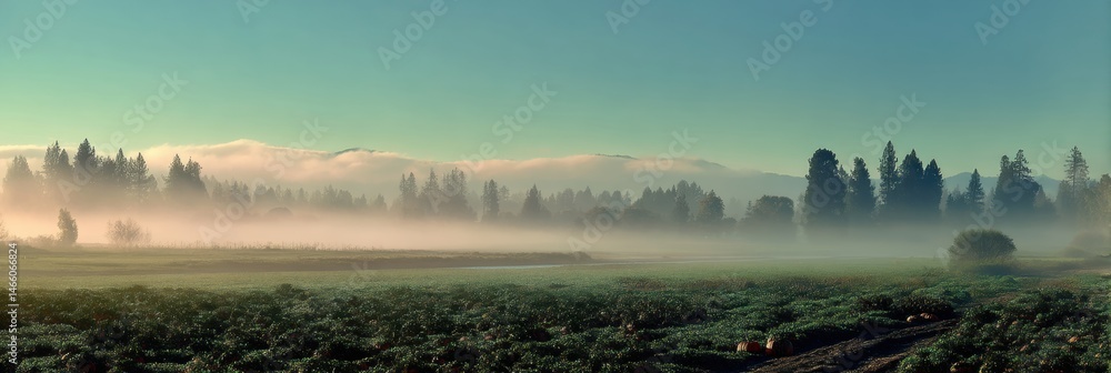 Aufkleber exploring a serene pumpkin patch in soft morning fog at dawn generative ai