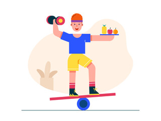 Balanced between fruit and workout. Healthy life illustration. Flat vector illustration concept