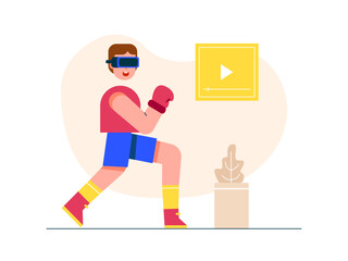 Man boxing using VR, video game and exercise. Healthy life illustration. Flat vector illustration concept