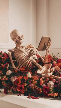 In a bright room like a crypt, a pile of flowers is piled on a light coffin, and on these flowers lies a Skeleton and reads something from a tablet, the Skeleton's legs are not visible.