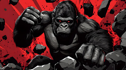 A gorilla is shown in a comic book with a red background