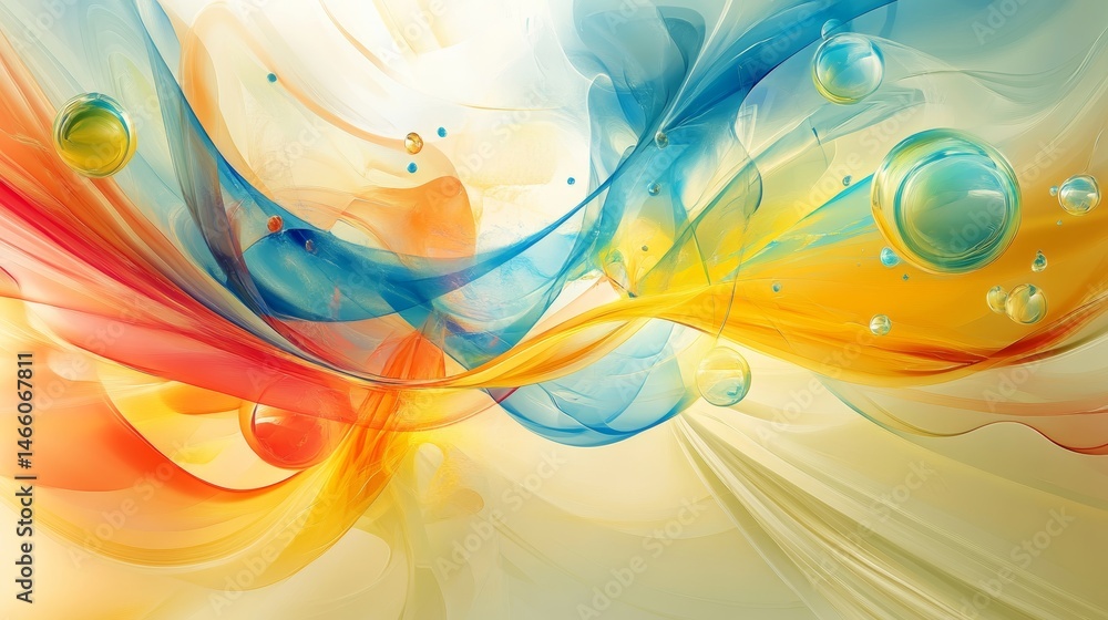 Poster abstract colorful flowing wave with bubbles and swirls background illustration