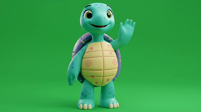 Cartoon turtle character waving with smiling expression on a green background illustration for different uses