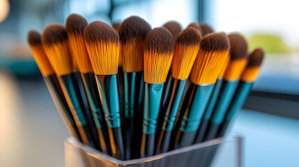 Close Up of Teal and Gold Makeup Brushes in a Transparent Holder