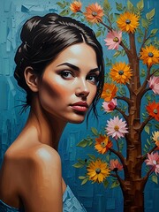 A vibrant painting featuring a woman with flowers