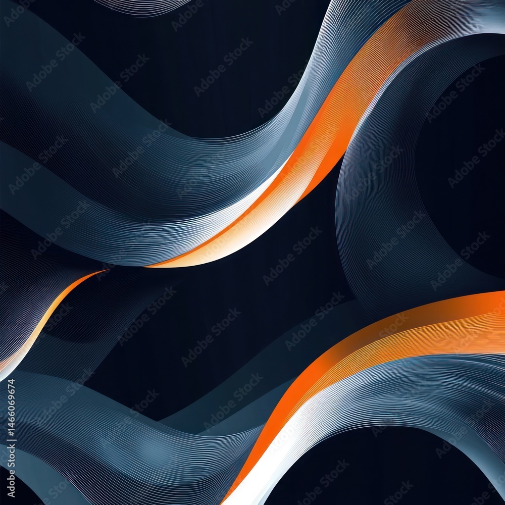 Poster abstract design with flowing, dark blue and orange ribbons, creating a dynamic, textured effect on a