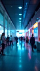 Generative AI Art: Blurred Figures in Modern Airport Hallway with blue light