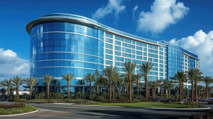 Obraz premium Modern blue glass hotel facade with palm trees under sunny sky s