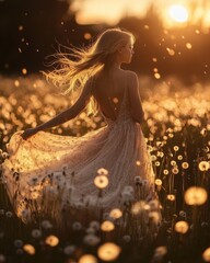 Girl in Beige Sparkly Dress Twirling in Dandelion Field at Sunset