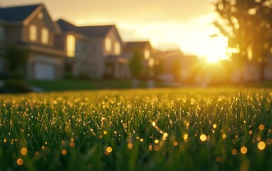 Golden sunlight glistens upon green grass near homes, radiating warmth and inviting peaceful neighborhood atmosphere