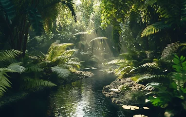Fototapete Rund Sunlight beams through dense jungle foliage, illuminating a flowing river lined by lush plants © Creative Design 