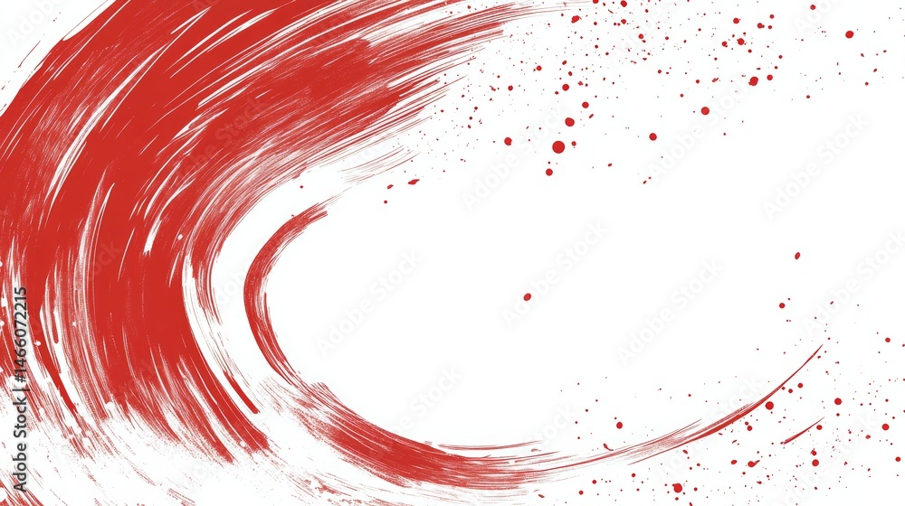 Poster expressive red brushstroke design element with splatters on white backdrop