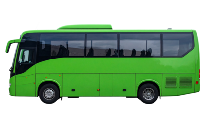 A modern green coach bus with large windows and multiple passenger seats.