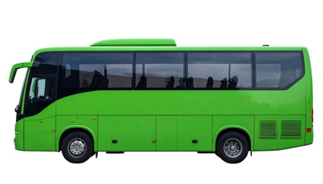 A modern green coach bus with large windows and multiple passenger seats.