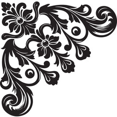 Elegant Black Floral Corner Ornament Vector Design with Vintage Swirl Patterns – Decorative Botanical Frame Element for Invitations, Tattoos, and Graphic Projects.
