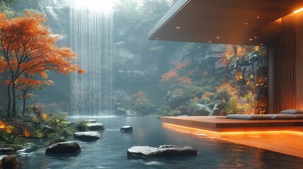 Tranquil interior garden with a cascading waterfall.