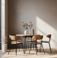 Minimalist Dining Room with Wooden Table and Sunlight