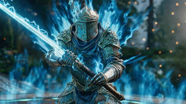 A Knight's Electric Aura: An imposing knight, clad in shining steel armor, brandishes an electrifying blade, surrounded by a mystical, ethereal blue aura that crackles with raw power.