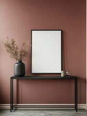 Modern Minimalist Console Table with Blank Poster Frame and Dried Flowers in Dusty Rose Room