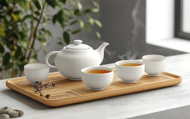 Steaming tea fills white cups and teapot arranged on a bamboo tray indoors