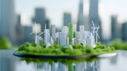 ミニチュア都市風景 白と緑の建築物 風力タービン 緑の木々が点在 未来的な都市デザイン 環境保護への意識とテクノロジーの融合